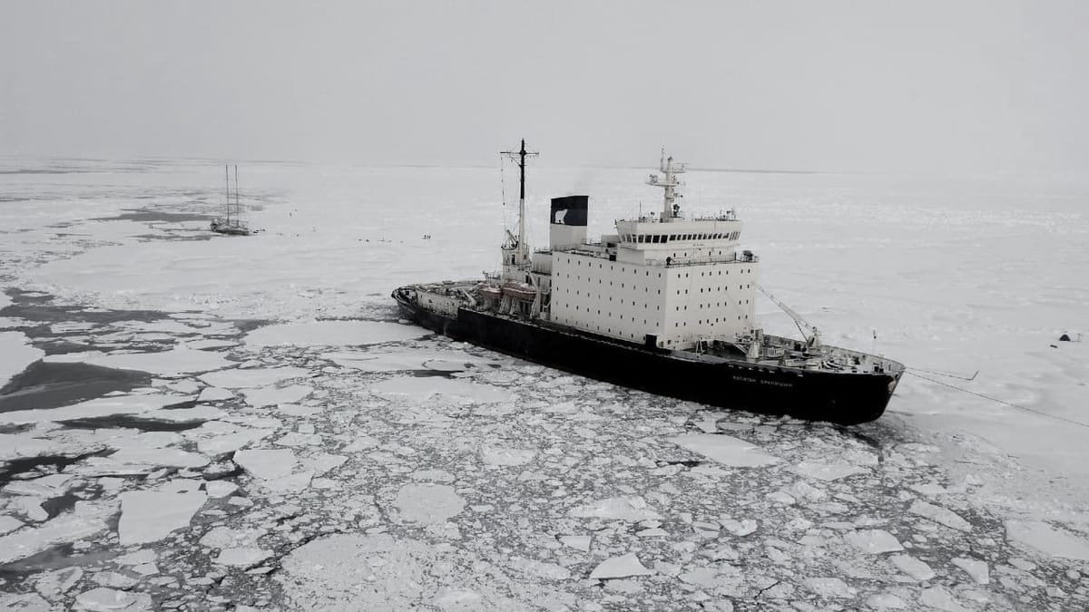 A Russian icebreaker Patrol Vessel navigating through first-year ice in the Arctic Shield