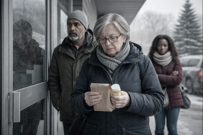 Three Canadians wait outside a pharmacy, one holding a prescription bag, healthcare delays.